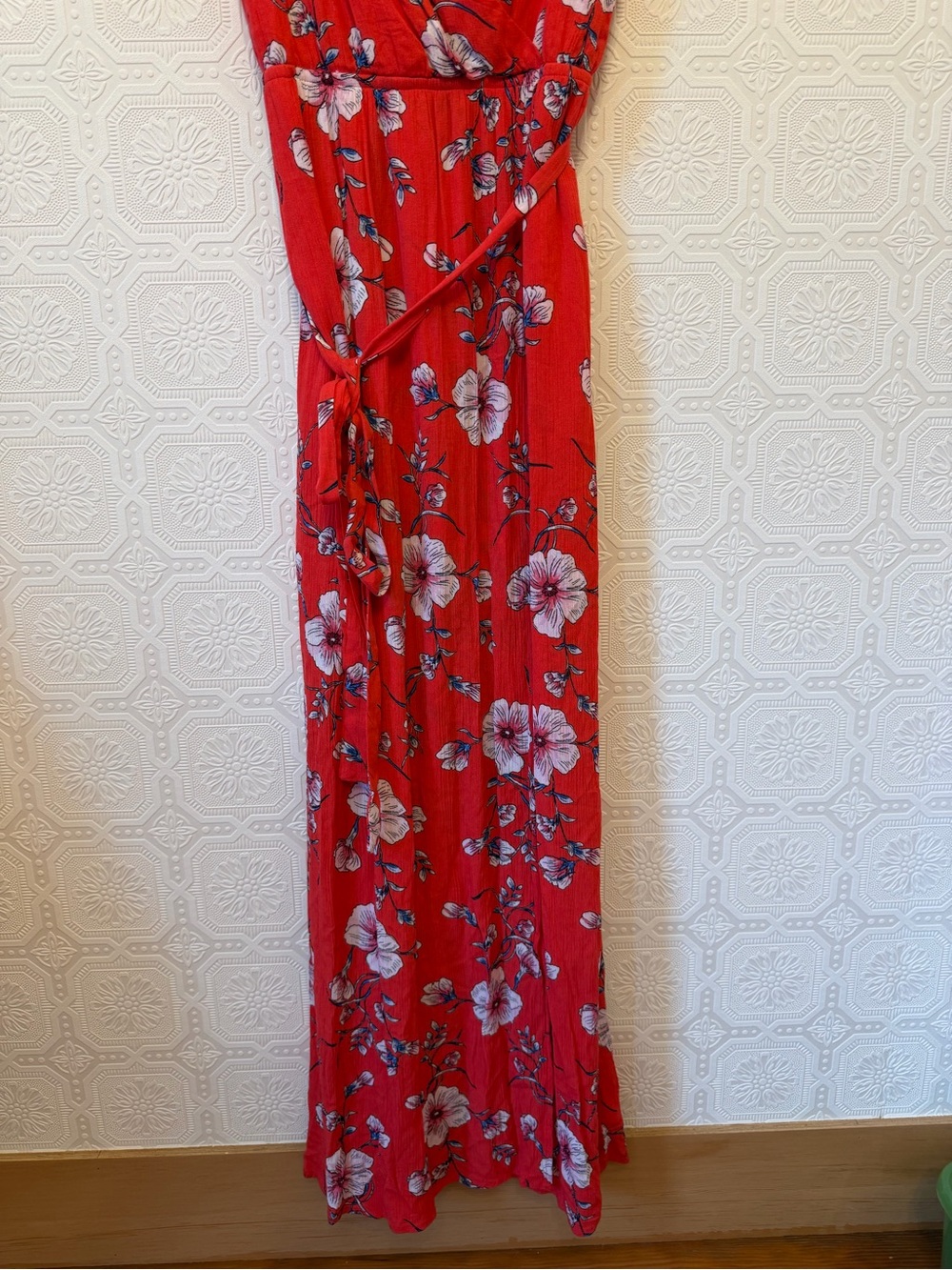 one clothing Pink Orange Floral Wrap Maxi Dress with Puff Sleeves Size M - Picture 3 of 8